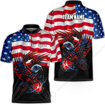 Custom Bowling Jersey Polo Shirt, Eagle America Flag Bowling Thunder, Custom Bowling Jersey Team Shirt For Players With Name and Team Name
