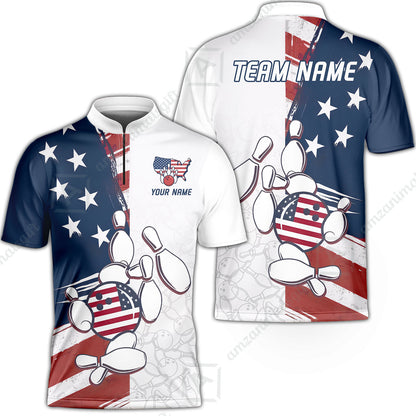 Custom Bowling Jersey Polo Shirt, USA Flag Bowling Ball Custom Bowling Jersey Team Shirt For Players With Name & Team Name