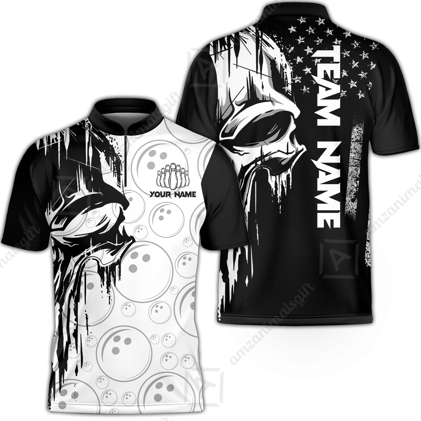 Customized Bowling Unisex Polo Shirt, American Flag Dripping Skull, Bowling Uniform - Personalized Name And Team Name