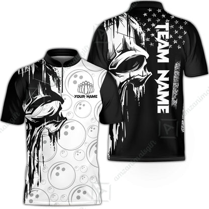 Customized Bowling Unisex Polo Shirt, American Flag Dripping Skull, Bowling Uniform - Personalized Name And Team Name