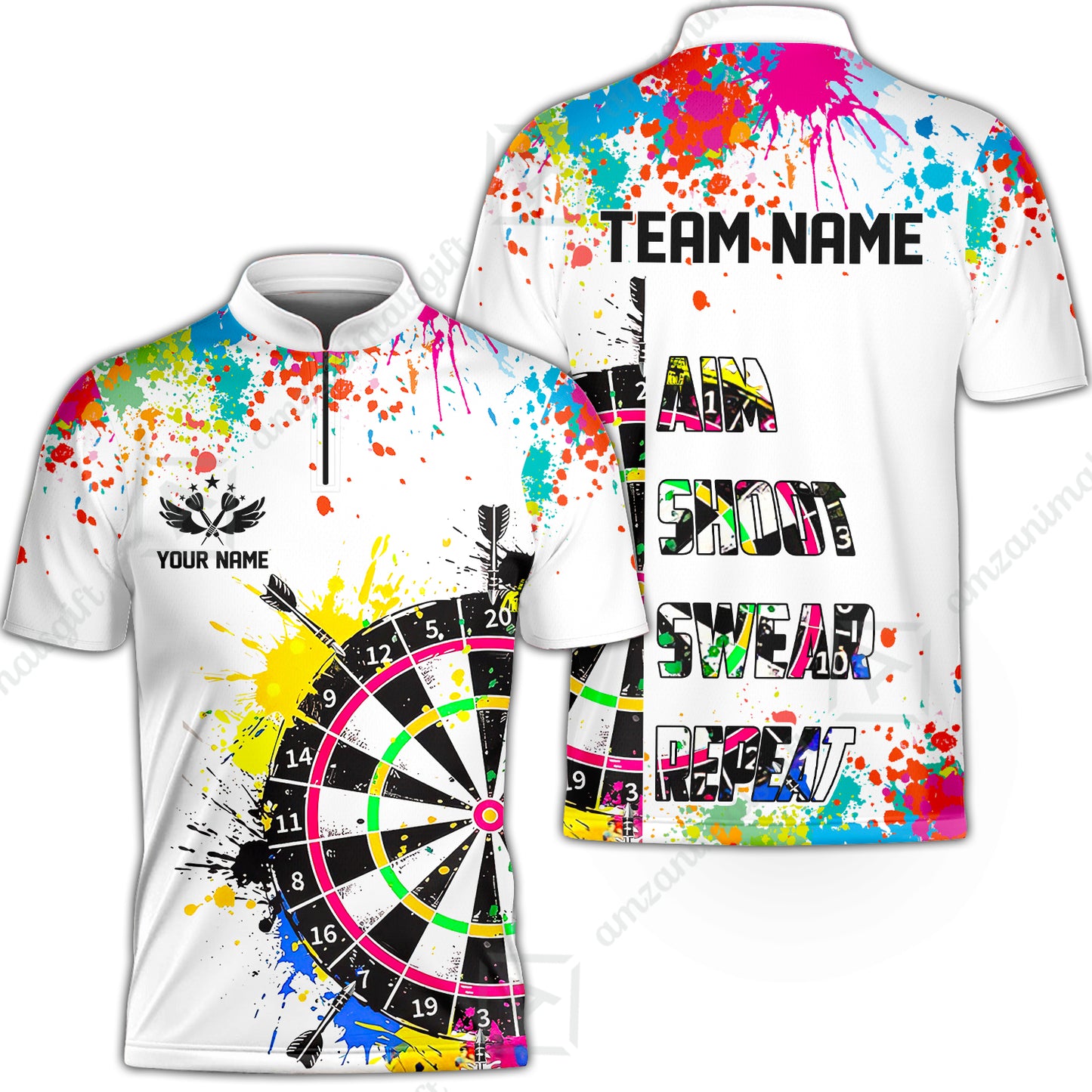 Custom Funny Dartboards Colorful Paint Quarter Zip Polo Team Shirts, Custom Aim Shoot Swear Repeat Darts Team Jerseys Uniform - White