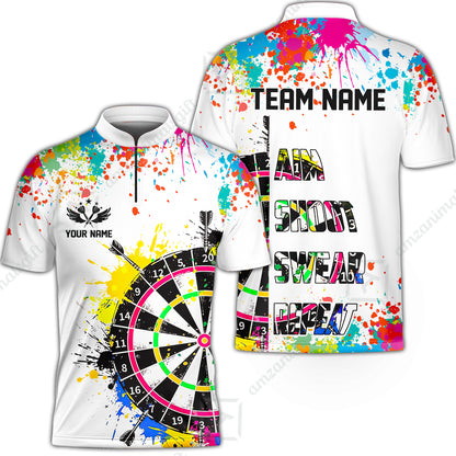Custom Funny Dartboards Colorful Paint Quarter Zip Polo Team Shirts, Custom Aim Shoot Swear Repeat Darts Team Jerseys Uniform - White
