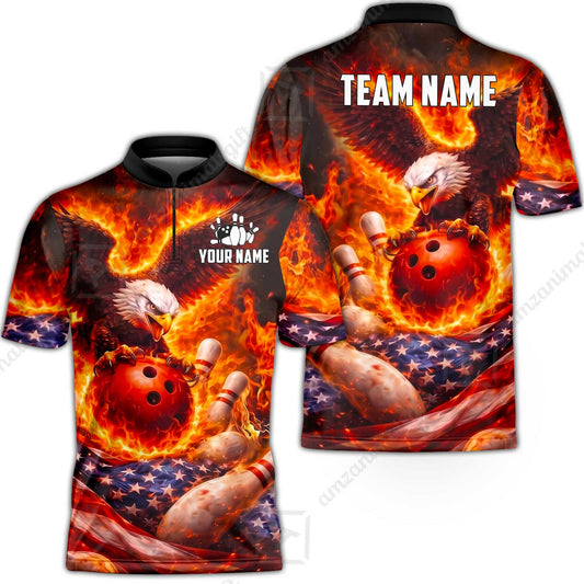 Custom Bowling Jersey Polo Shirt, Patriotic Blue Fire Eagle, Custom Bowling Jersey Team Shirt For Players With Name and Team Name