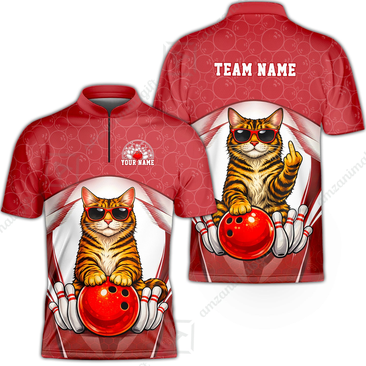 Custom Bowling Polo Shirt, Funny Cat with Sunglasses Bowling Custom Bowling Polo Team Shirt For Players With Name & Team Name