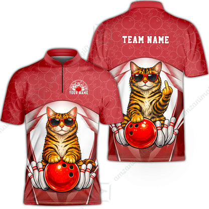 Custom Bowling Polo Shirt, Funny Cat with Sunglasses Bowling Custom Bowling Polo Team Shirt For Players With Name & Team Name
