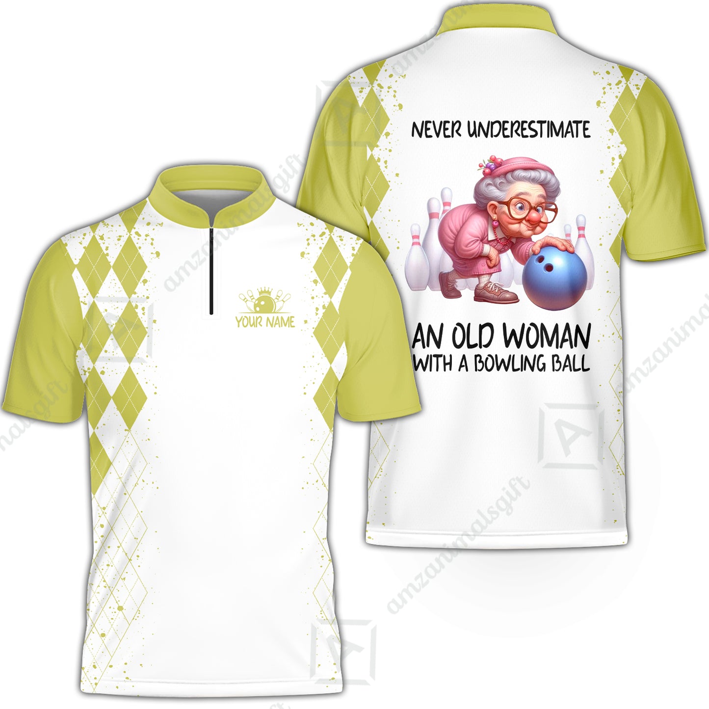Custom Bowling Jersey Polo Shirt, Never Underestimate An Old Woman With A Bowling Ball, Personalized Name & Team Name