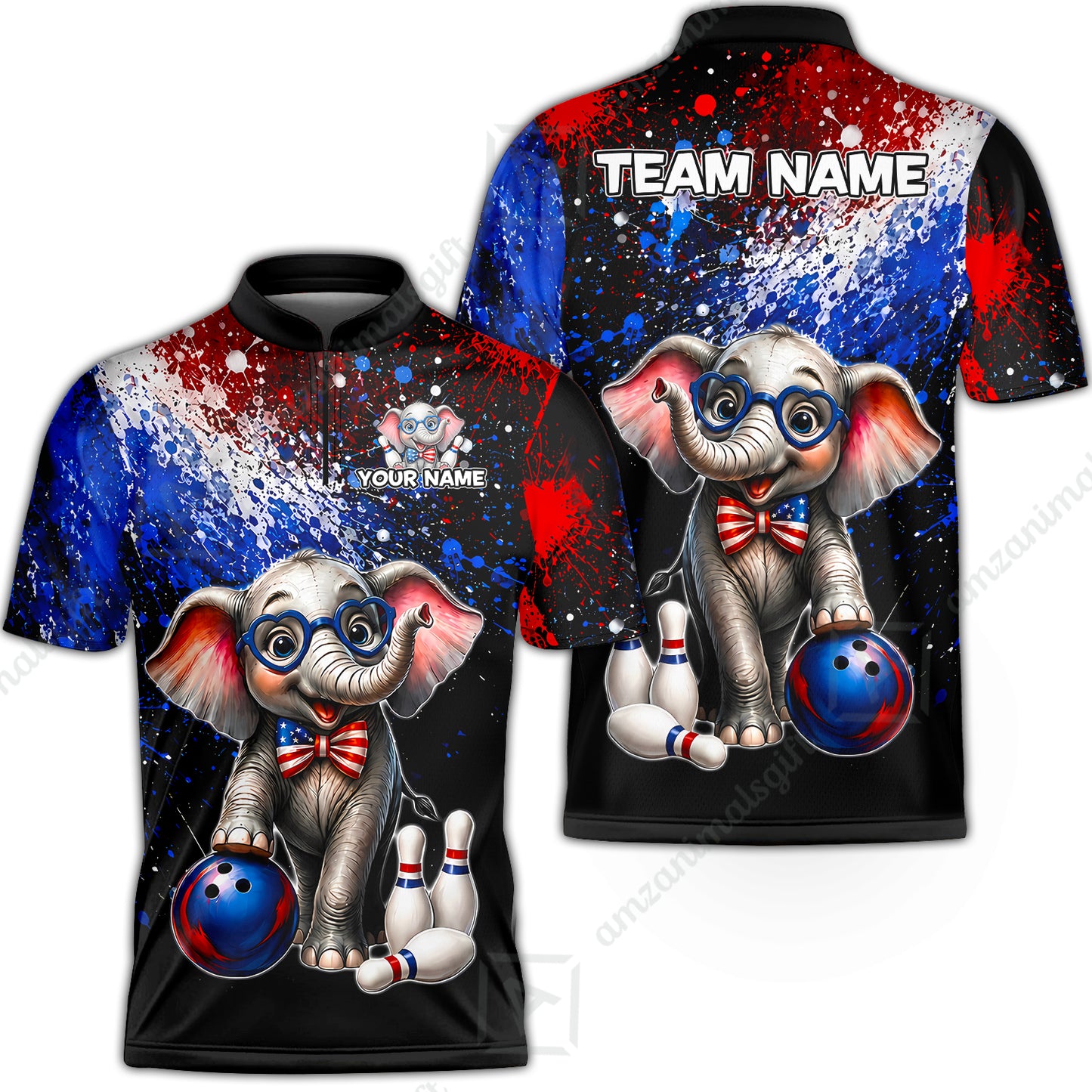 Custom Bowling Jersey Polo Shirt, Patriotic Elephant Bowling, Personalize Name and Team Name