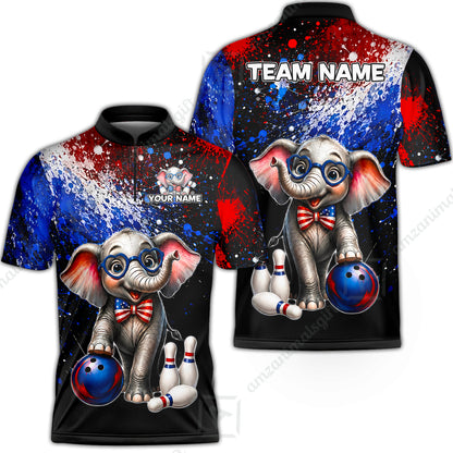 Custom Bowling Jersey Polo Shirt, Patriotic Elephant Bowling, Personalize Name and Team Name