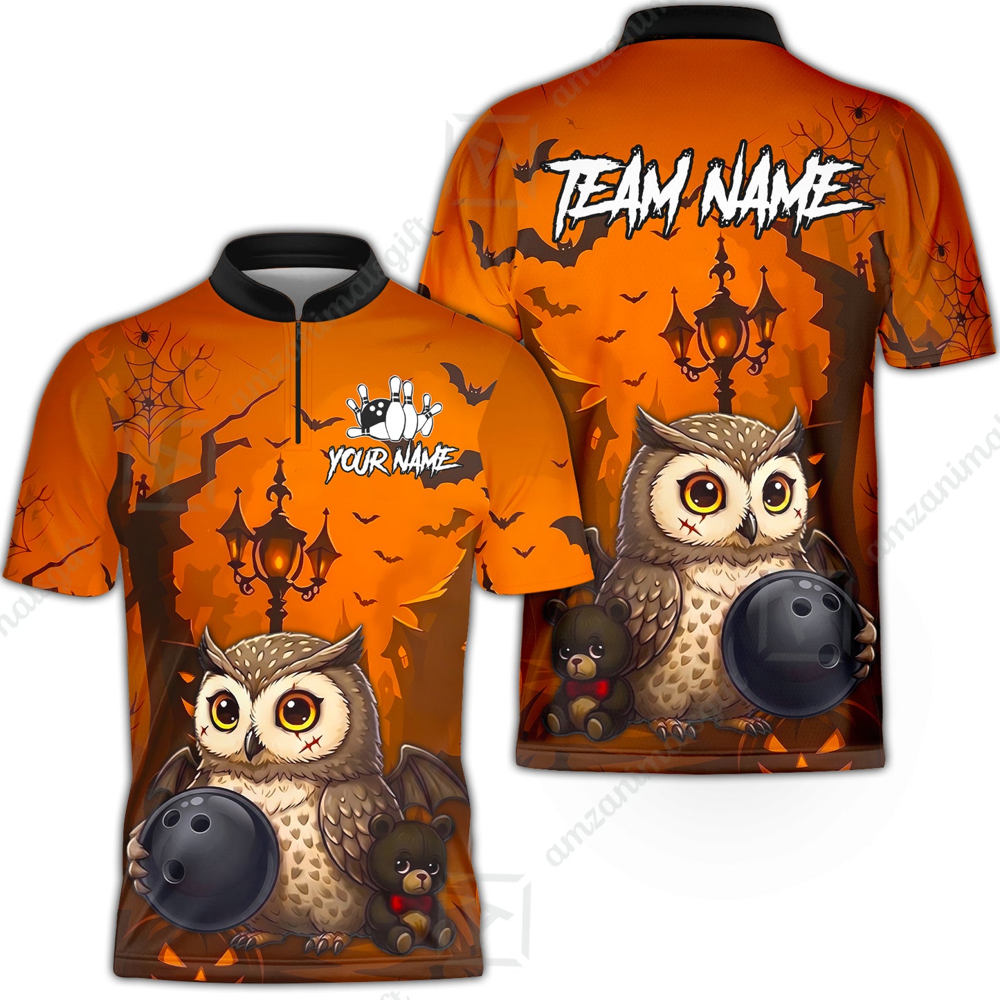 Custom Bowling Jersey Polo Shirt, Owl In Halloween, Personalized Name And Team Name
