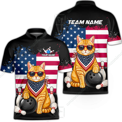 Custom Bowling Jersey Polo Shirt, Animal With Glasses And Bandana America Flag, Personalize Name & Team Name