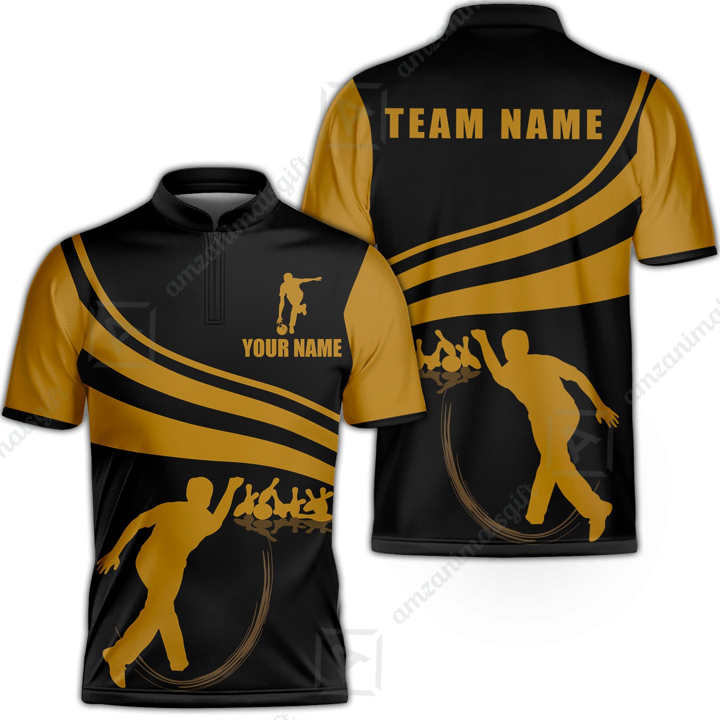 Bowling Jersey Custom Name - Black and Gold Men Bowlers Personalized Bowling Jersey