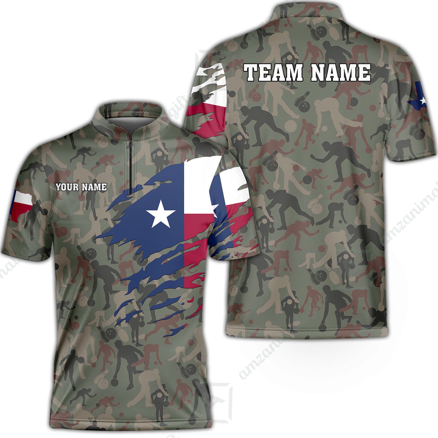 Custom Bowling Jersey Polo Shirt, Texas Flag Woodland Green Camouflage, Custom Bowling Jersey Team Shirt For Players With Name and Team Name