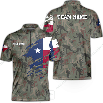 Custom Bowling Jersey Polo Shirt, Texas Flag Woodland Green Camouflage, Custom Bowling Jersey Team Shirt For Players With Name and Team Name