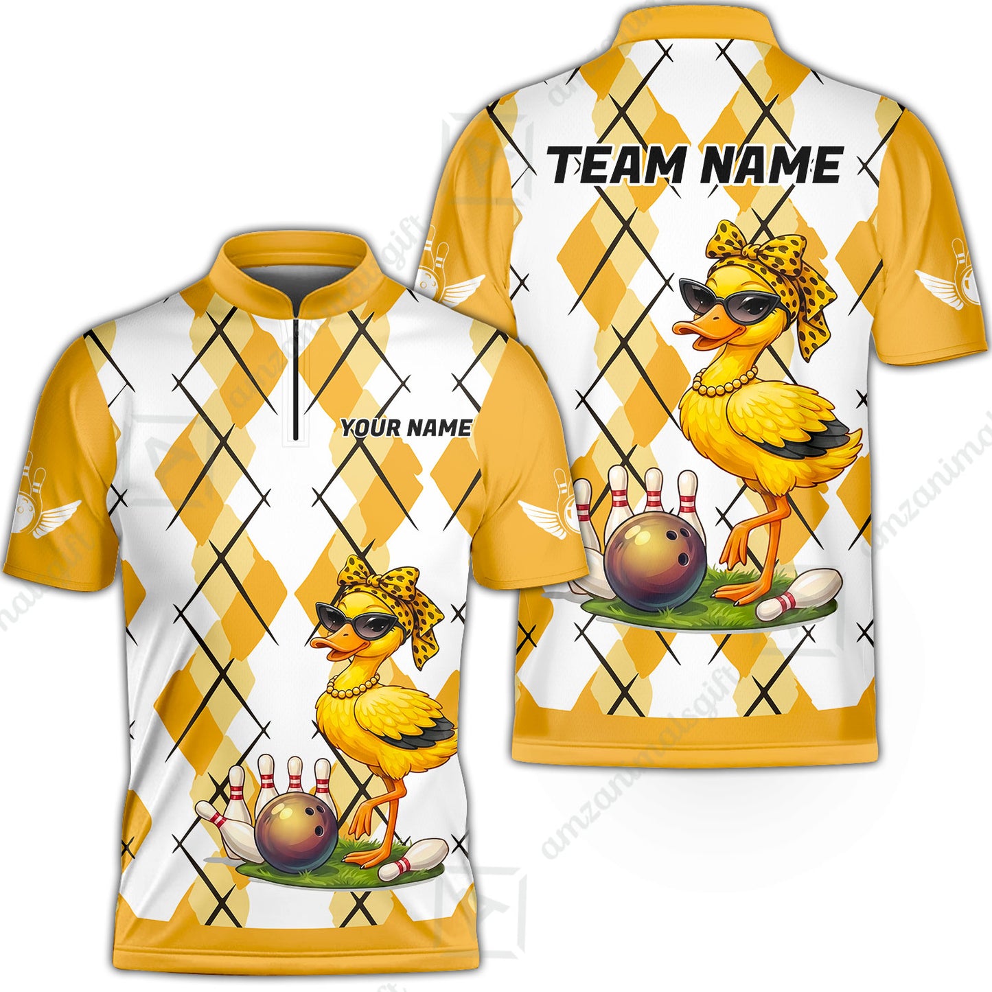 Custom Bowling Jersey Polo Shirt, Sassy Diva Duckling Argyle, Custom Bowling Jersey Team Shirt For Players With Name and Team Name