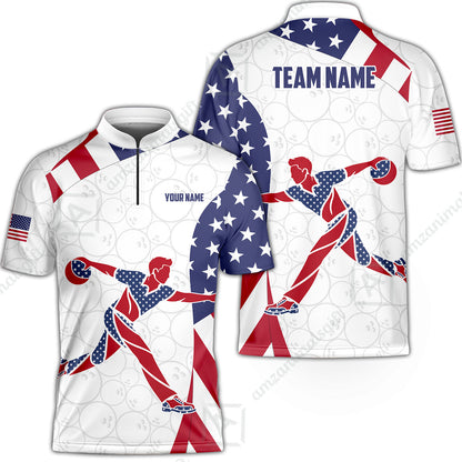 Custom Bowling Jersey Polo Shirt, Patriotic Bowler Silhouette Stars and Stripes, Custom Bowling Jersey Team Shirt For Players With Name and Team Name