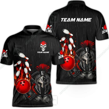 Custom Bowling Jersey Polo Shirt, Fire Bowling Knight Rain Skull Logo, Personalize Name & Team Name