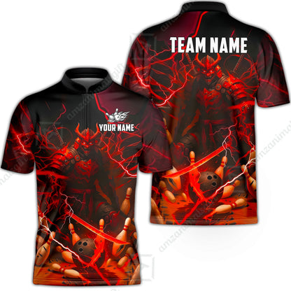 Custom Bowling Jersey Polo Shirt, Fiery Samurai Strike, Custom Bowling Jersey Team Shirt For Players With Name & Team Name