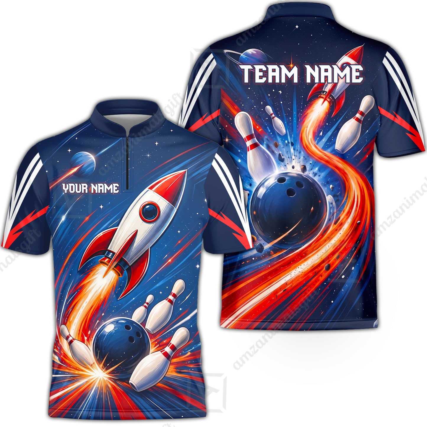 Custom Bowling Jersey Polo Shirt, Bowling Strike Rocket, Custom Bowling Jersey Team Shirt For Players With Name and Team Name