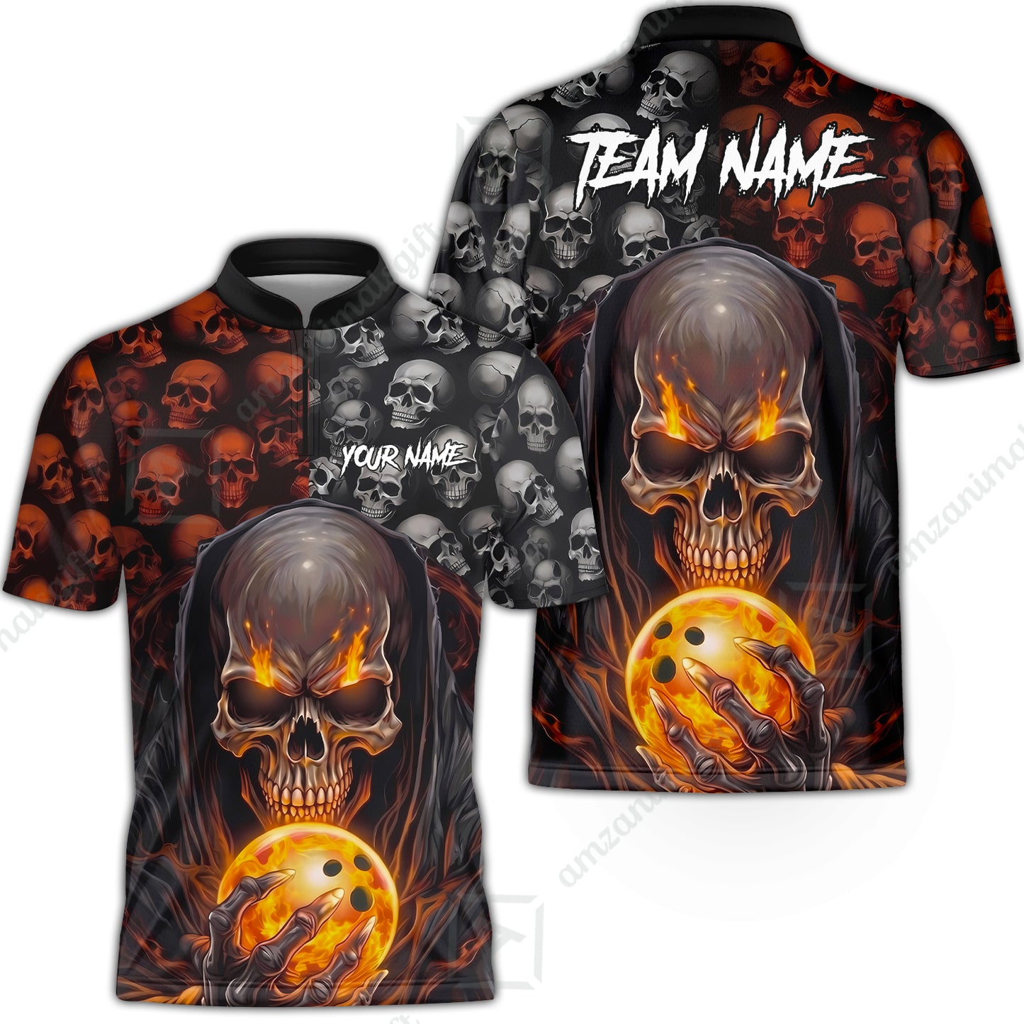 Custom Bowling Jersey Polo Shirt, Death Multiple Skulls, Personalized Name And Team Name