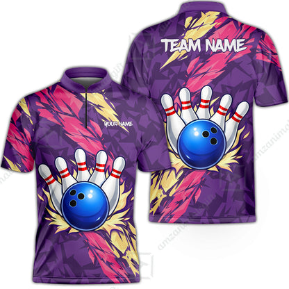 Custom Bowling Team Unisex Polo Shirt, Ion Max Bowling Ball Purple Fire Strike Design for Bowlers