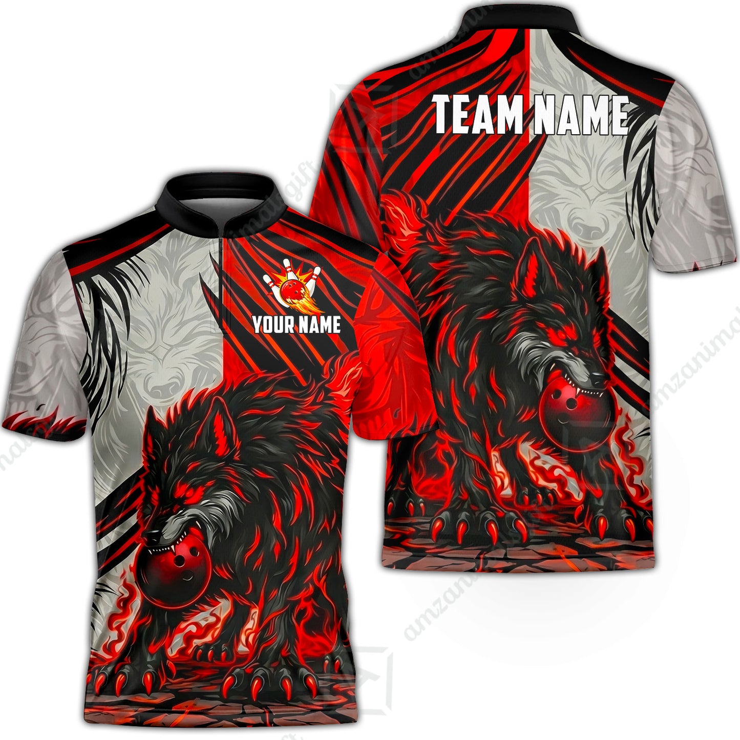Custom Bowling Jersey Polo Shirt, Lone Wolf Strike & Emerald Frost, Custom Bowling Jersey Team Shirt For Players With Name & Team Name