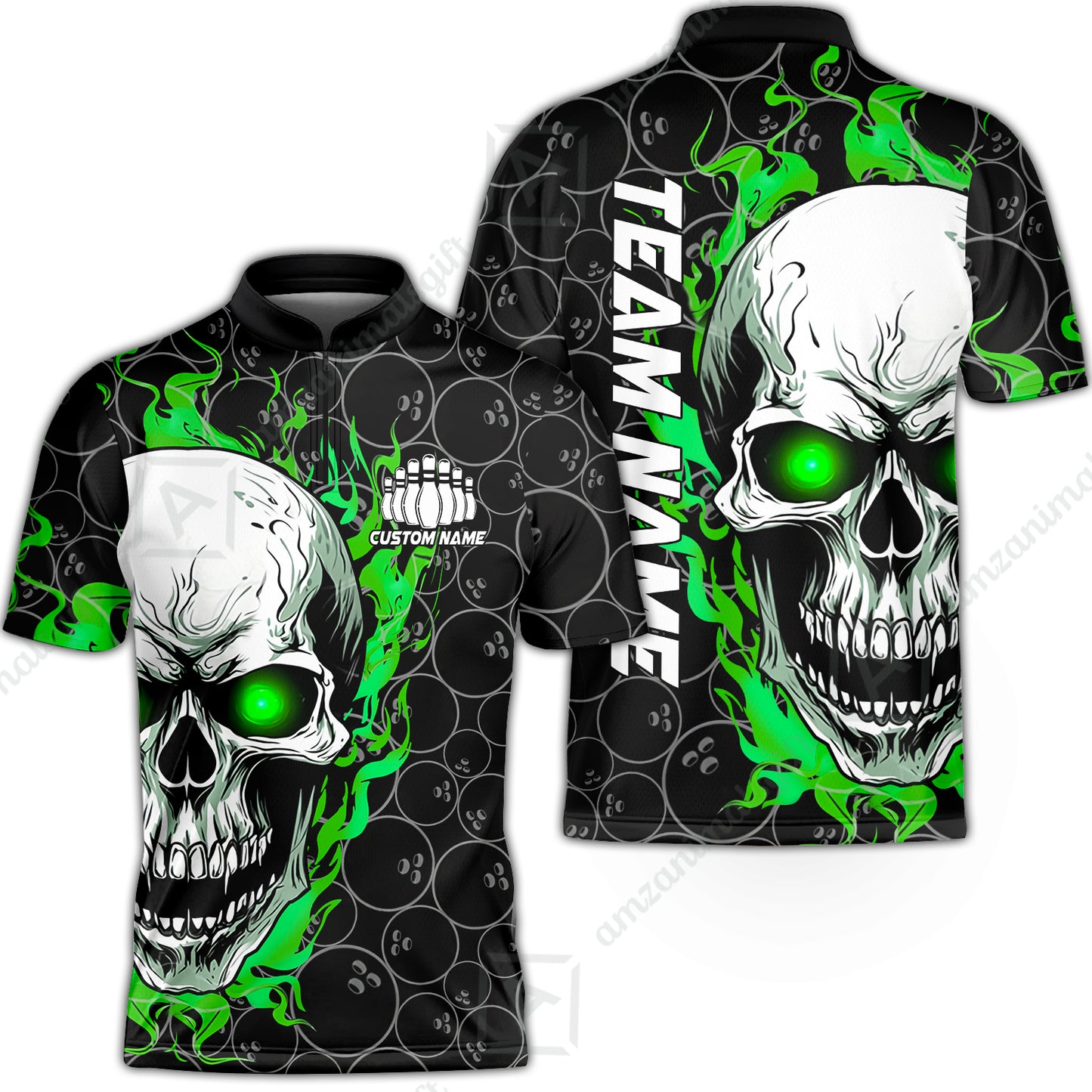 Personalized Bowling Unisex Polo Shirt, Green Flaming Skull Shirt For For Team Men Women Bowlers