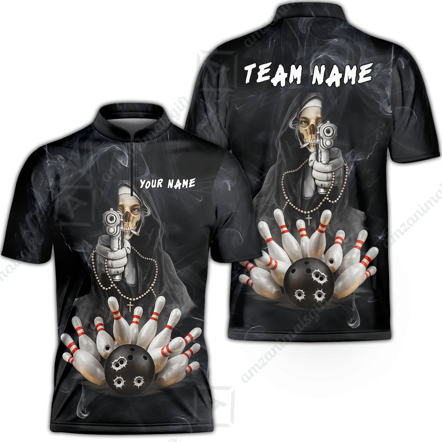 Custom Bowling Jersey Polo Shirt, Badass Smoking Skeleton Nun Gun Strike, Custom Bowling Jersey Team Shirt For Players With Name & Team Name