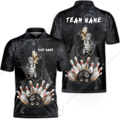 Custom Bowling Jersey Polo Shirt, Badass Smoking Skeleton Nun Gun Strike, Custom Bowling Jersey Team Shirt For Players With Name & Team Name
