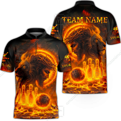 Custom Bowling Team Short Sleeve Men Polo Shirt, Flame The Lion OF Judah With Bowling, Custom Name and Team Name for Bowlers