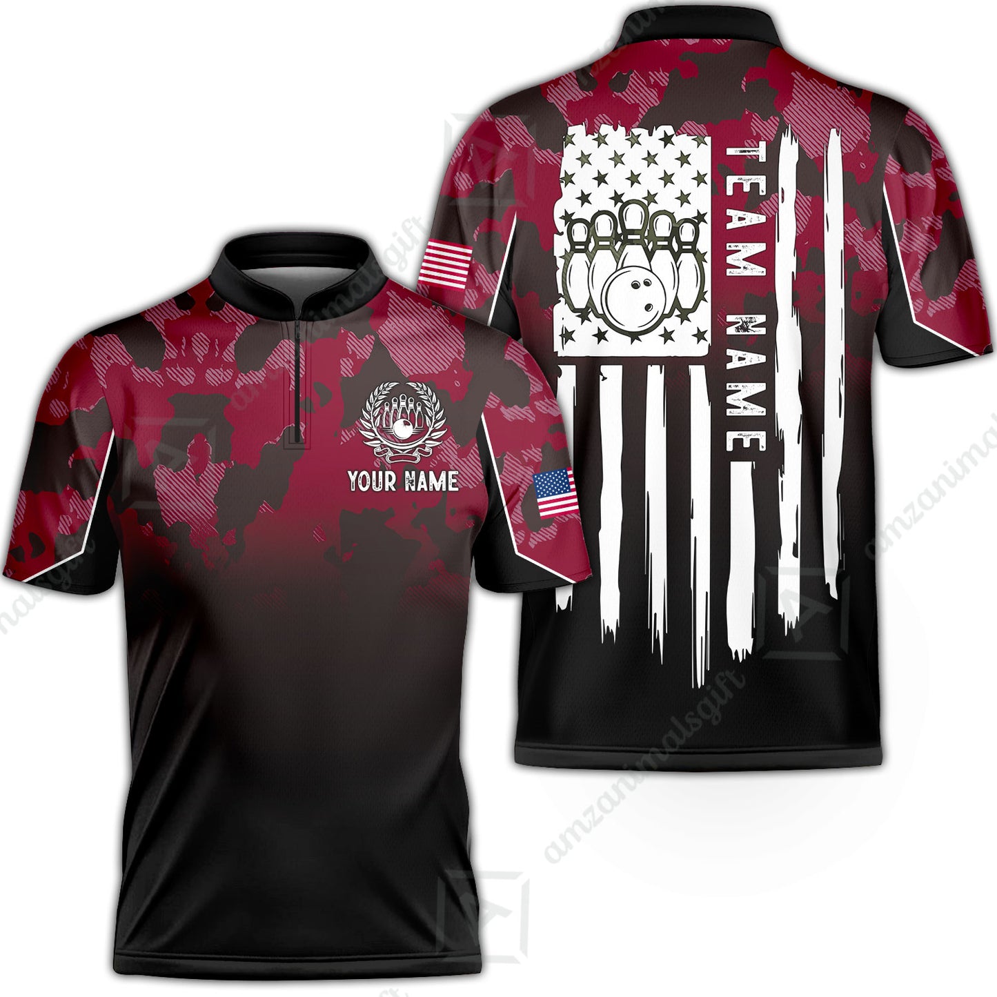 Custom Bowling Jersey Polo Shirt, Tactical Camo Patriotic Flag, Custom Bowling Jersey Team Shirt For Players With Name and Team Name