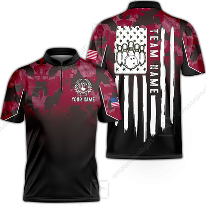 Custom Bowling Jersey Polo Shirt, Tactical Camo Patriotic Flag, Custom Bowling Jersey Team Shirt For Players With Name and Team Name