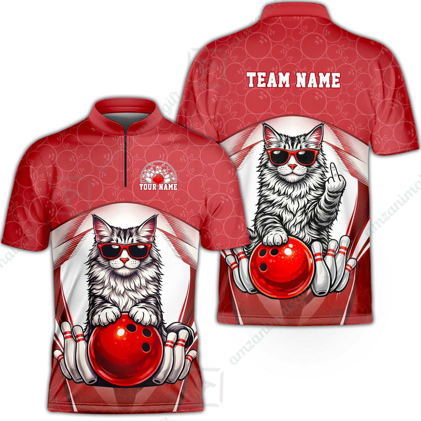 Custom Bowling Polo Shirt, Funny Cat with Sunglasses Bowling Custom Bowling Polo Team Shirt For Players With Name & Team Name