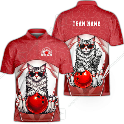 Custom Bowling Polo Shirt, Funny Cat with Sunglasses Bowling Custom Bowling Polo Team Shirt For Players With Name & Team Name