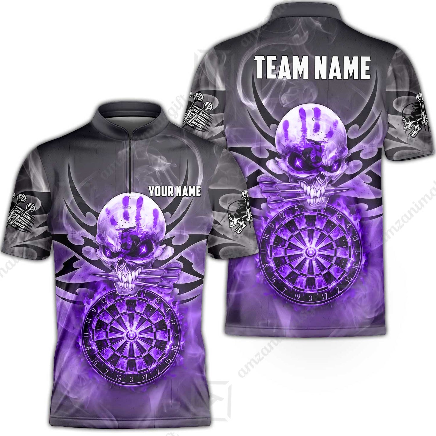 Custom Darts Jersey Polo Shirt, Glowing Fire Skull Tribal, Custom Dart Jersey Team Shirt For Players With Name & Team Name
