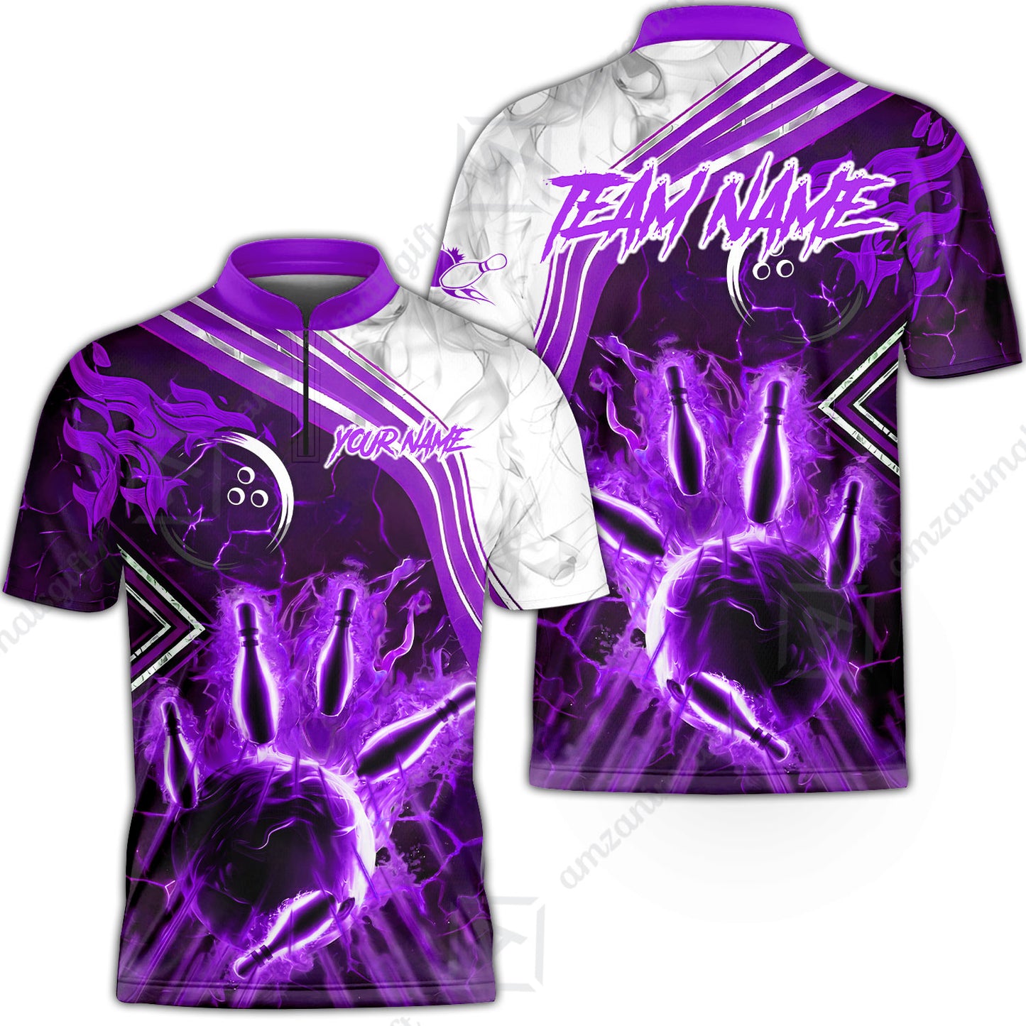 Customized Bowling Unisex Polo Shirt, Fire & Smoke Bowling Pins, Bowling Uniform - Personalized Name And Team Name