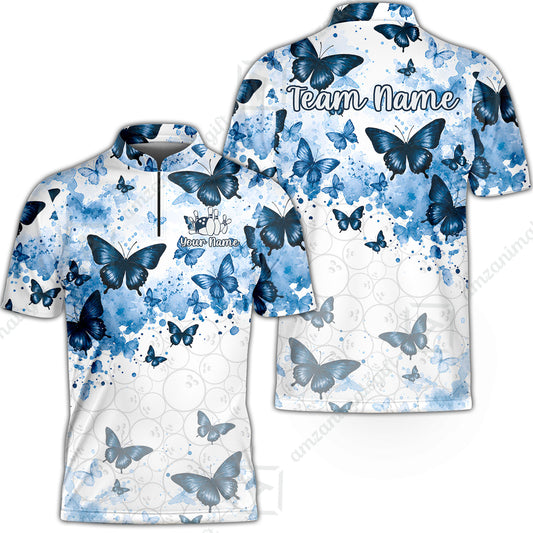 Custom Bowling Jersey Polo Shirt, Blue Watercolor Butterfly Bloom, Custom Bowling Jersey Team Shirt For Players With Name and Team Name