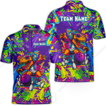 Custom Bowling Jersey Polo Shirt, Vibrant Neon Graffiti DJ T-Rex, Custom Bowling Jersey Team Shirt For Players With Name and Team Name
