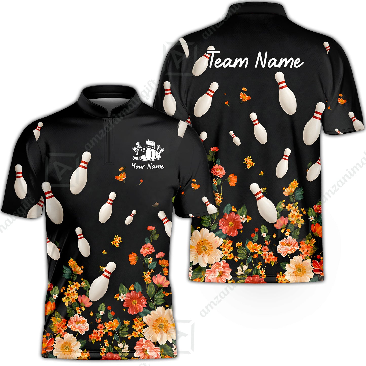 Custom Bowling Quarter Zip Polo Shirt, Floral Bowling, Custom Bowling Quarter Zip Polo Team Shirt For Players With Name & Team Name