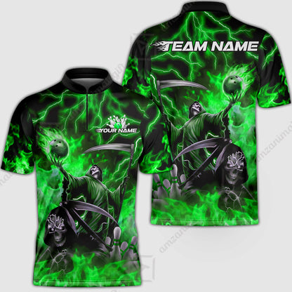 Custom Bowling Team Quarter-Zip Polo Shirt, Grim Reaper Skull With Flame Bowling Lightning Design for Bowlers, Personalized Shirt with Name and Team Name