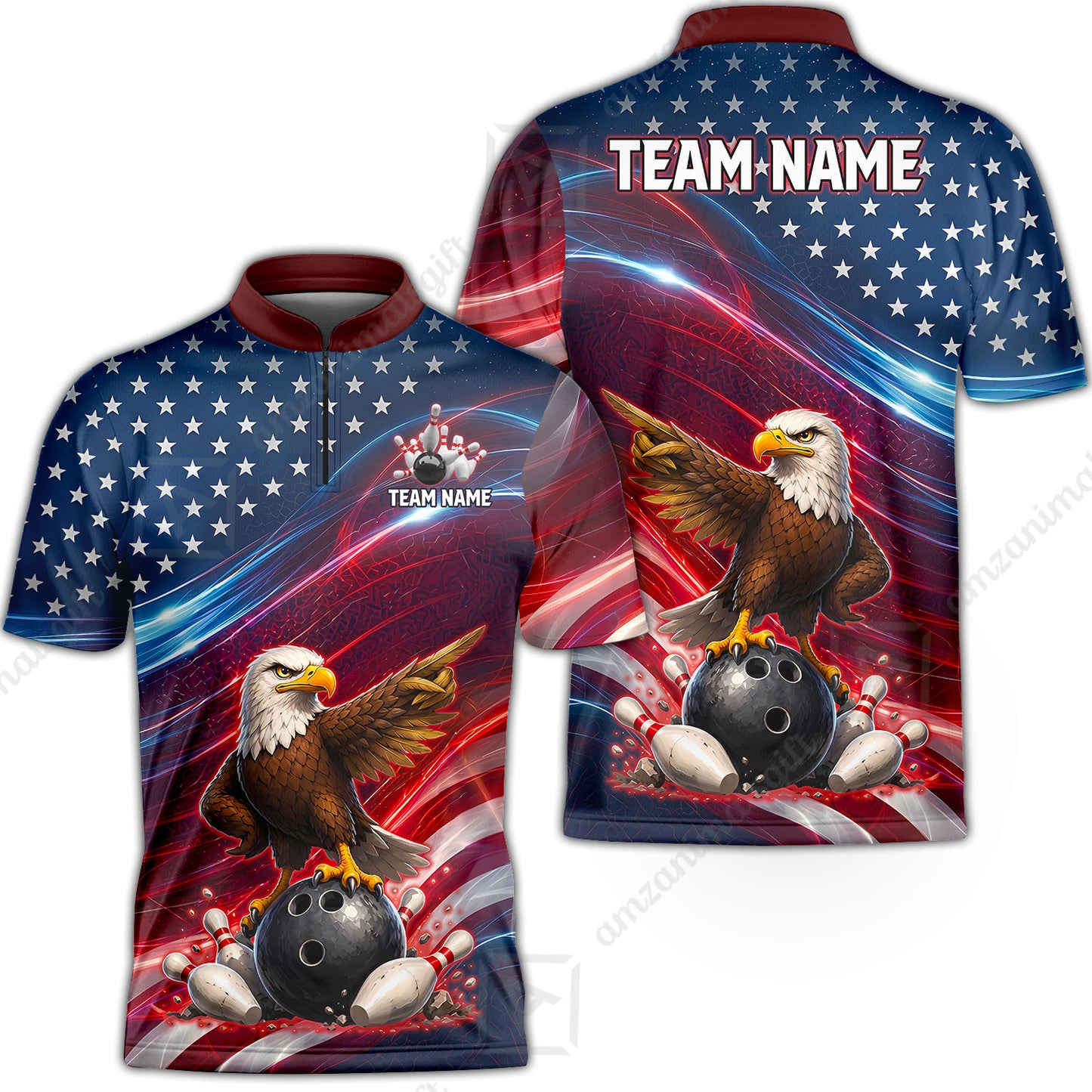 Custom Bowling Jersey Polo Shirt, Eagle Bowling Flag America Thunder Wave, Custom Bowling Jersey Team Shirt For Players With Name and Team Name