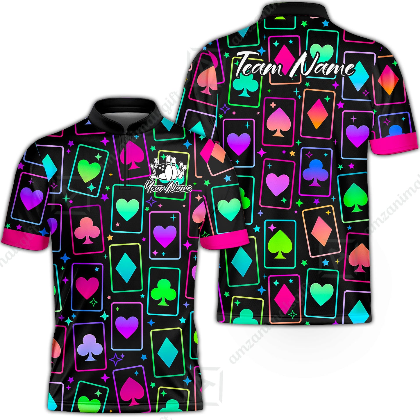 Custom Bowling Jersey Polo Shirt, Cards Neon Bowling, Custom Bowling Jersey Team Shirt For Players With Name and Team Name