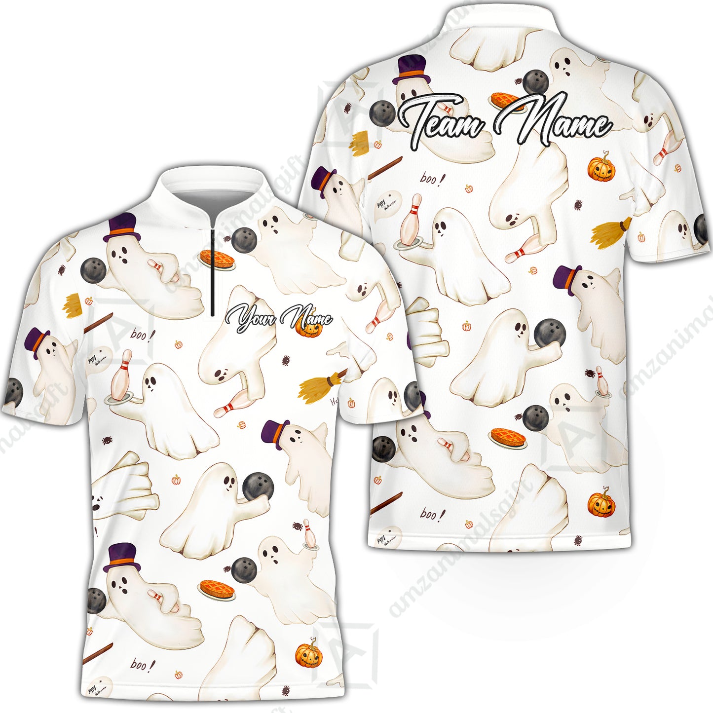 Custom Bowling Jersey Polo Shirt, Reds Seamless Pattern Cute Ghost, Personalize Name and Team Name