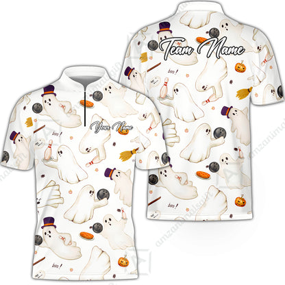 Custom Bowling Jersey Polo Shirt, Reds Seamless Pattern Cute Ghost, Personalize Name and Team Name
