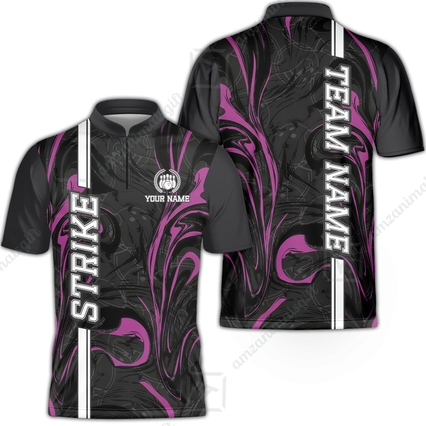 Customized Bowling Unisex Polo Shirt, Bowling Black And Pink Marble Art, Bowling Uniform - Personalized Name And Team Name