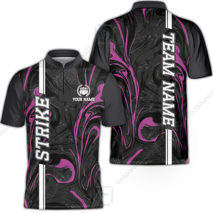 Customized Bowling Unisex Polo Shirt, Bowling Black And Pink Marble Art, Bowling Uniform - Personalized Name And Team Name
