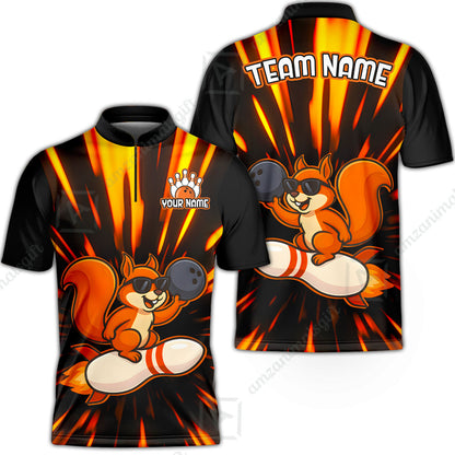 Funny Bowling Custom Polo T-Shirt - Fun Cartoon Flame With Squirrel Wearing Sunglasses, Personalized Bowling Jersey Polo Shirts