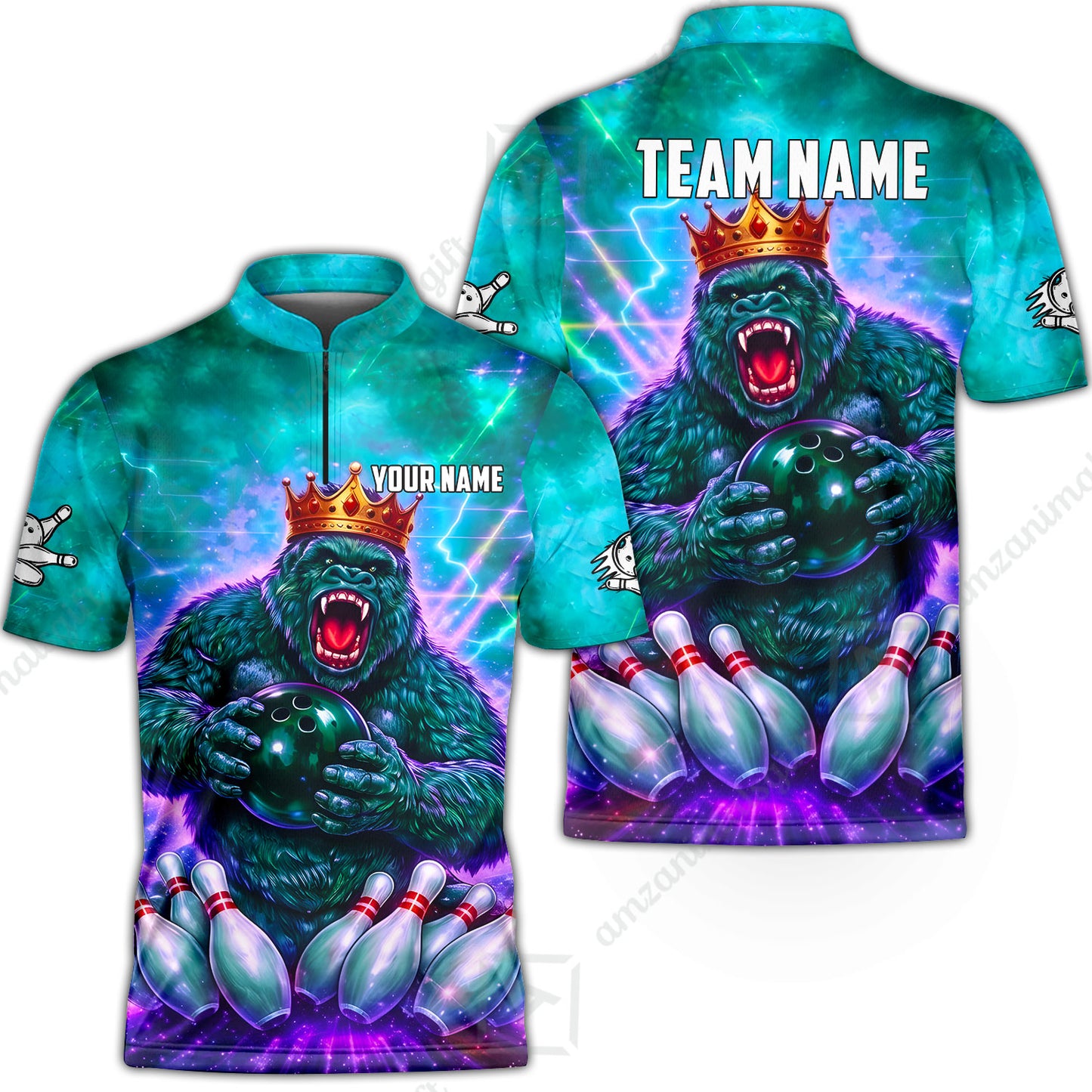 Custom Bowling Jersey Polo Shirt, King Gorilla Holding Bowling Ball, Custom Bowling Jersey Team Shirt For Players With Name & Team Name