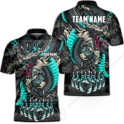 Custom Bowling Jersey Polo Shirt, Oriental Jade Dragon & Classic Clouds, Custom Bowling Jersey Team Shirt For Players With Name & Team Name