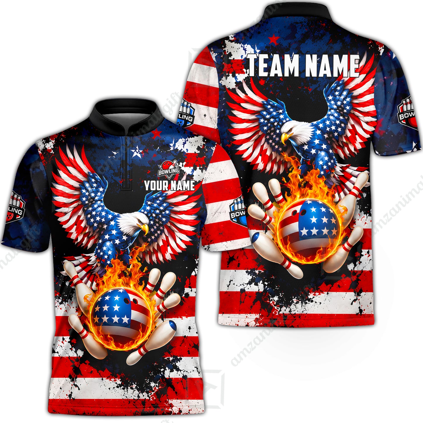Customized USA Bald Eagle Fire Ball Bowling Jersey, Custom Name And Team Name For Bowlers