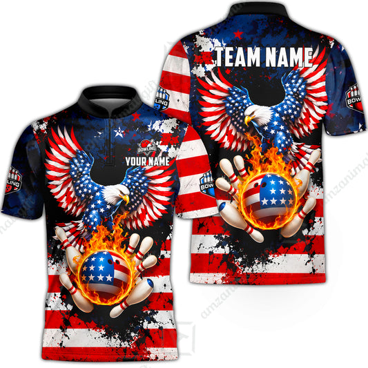 Customized USA Bald Eagle Fire Ball Bowling Jersey, Custom Name And Team Name For Bowlers